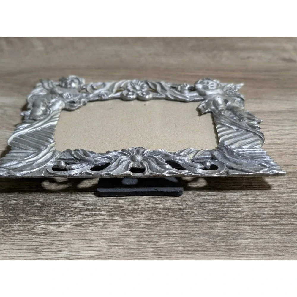 Vintage Ornate Cherub Angel Silver Pewter Style Picture Frame Tabletop Decor
